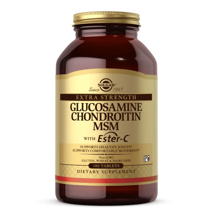 SOLGAR Extra Strength Gliukozaminas Chondroitinas MSM su Ester-C maisto papildas sąnarių sveikatai, 180 tablečių buteliukas. Be glitimo, kviečių ir pieno.