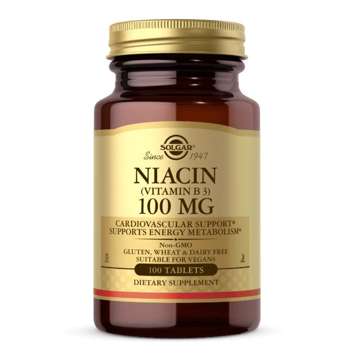 SOLGAR Niacinas - vitaminas B3 100 mg maisto papildas, 100 tablečių buteliuke, palaiko širdies veiklą ir energijos apykaitą.