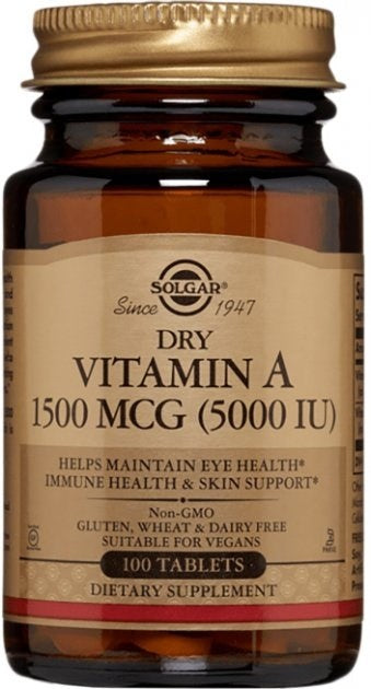 SOLGAR sausas vitaminas A 5000 TV 1500 mcg maisto papildas 100 tablečių stikliniame buteliuke, palaiko akių ir odos sveikatą.