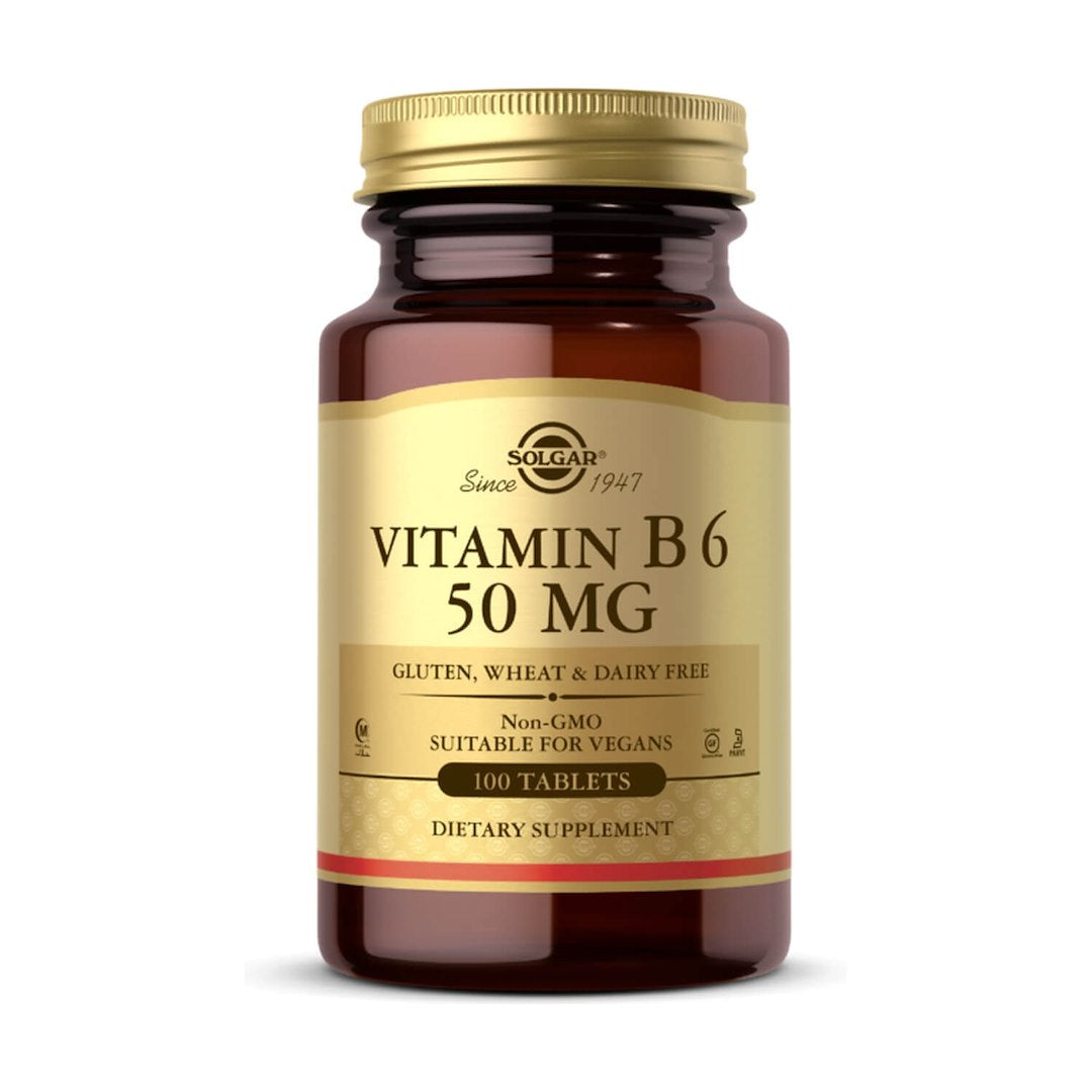 SOLGAR Vitaminas B6 - Vitaminas B6 50 mg (100 tablečių) maisto papildas veganiškoje pakuotėje, be glitimo, pieno ir GMO.