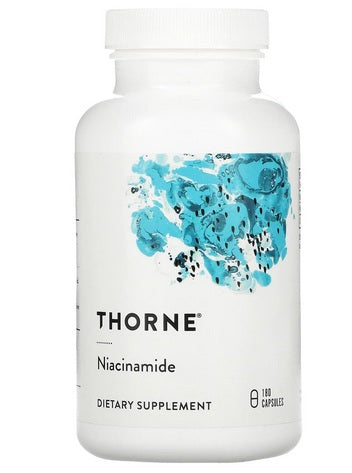 THORNE RESEARCH Niacinamide - Vitaminas B3 maisto papildas, 180 kapsulių baltame buteliuke su mėlynu dizainu. Skirtas kasdieniam B3 vitamino papildymui.