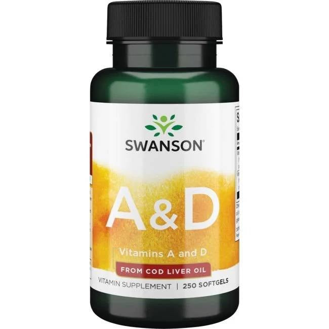 SWANSON Vitaminas A ir D 5000/400 (250 kapsulių) maisto papildas su žuvų taukais, stiprinantis imunitetą ir kaulų sveikatą.