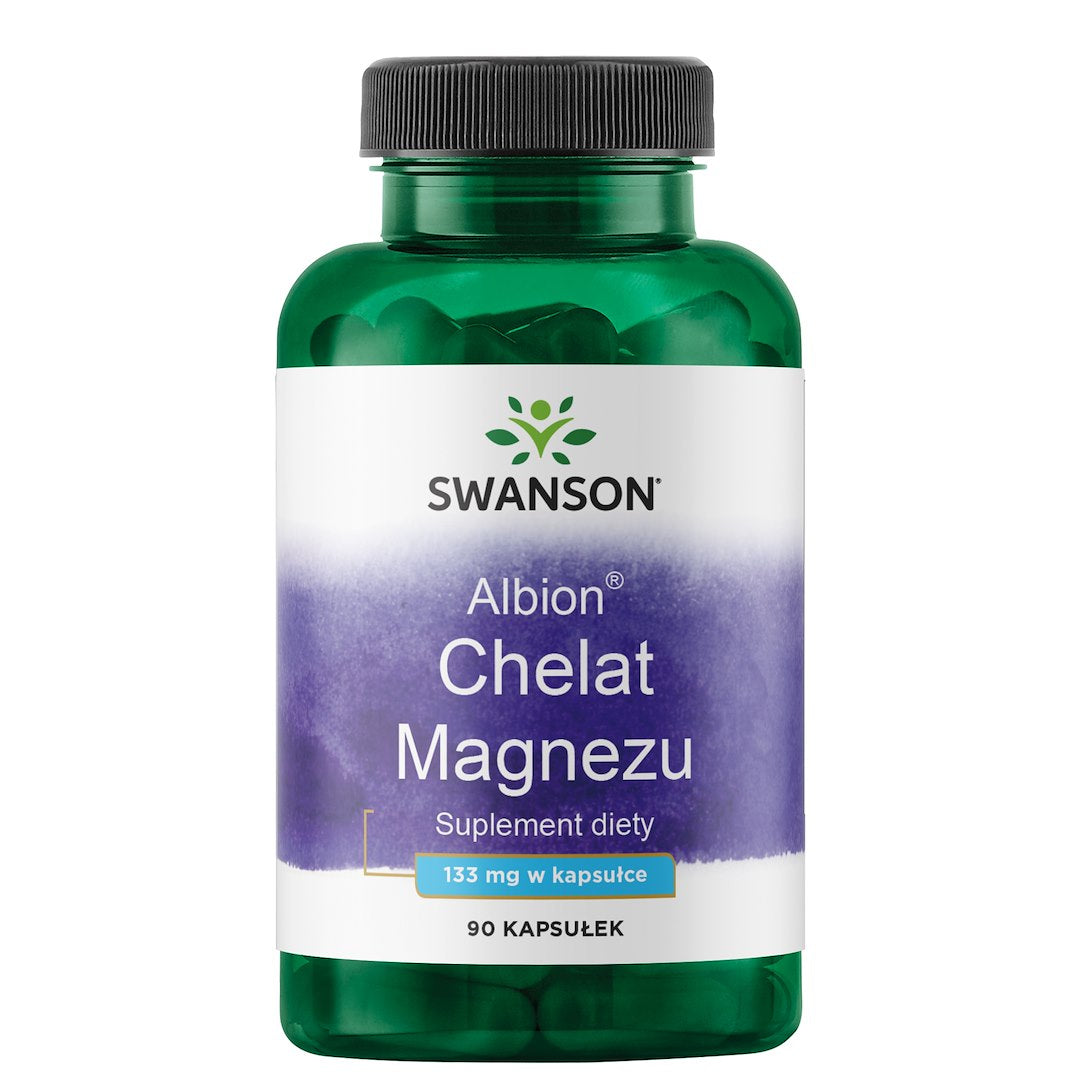 SWANSON Albion Magnio glicinatas 133 mg maisto papildas 90 kapsulių žalia plastikinė pakuotė su violetine etikete. Skirtas nervų, kaulų ir raumenų sveikatai.