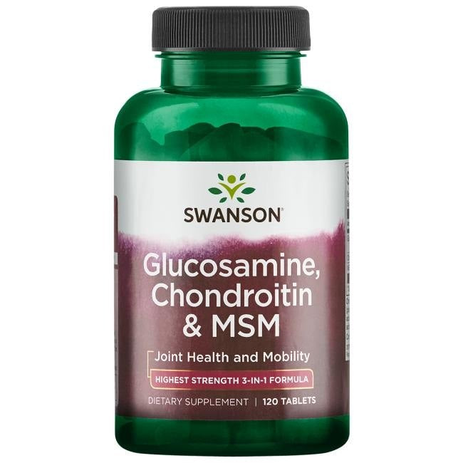 SWANSON Gliukozaminas, chondroitinas ir MSM (120 tablečių) maisto papildas sąnarių sveikatai. Aukštos stiprumo 3-in-1 formulė judrumui palaikyti.
