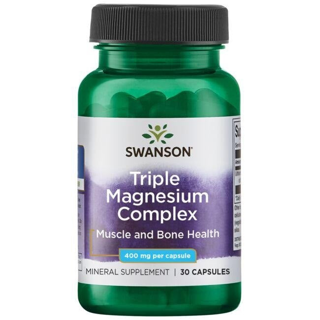 SWANSON trigubas magnio kompleksas 400 mg maisto papildas raumenų ir kaulų sveikatai, 30 kapsulių žalia plastikinė pakuotė.