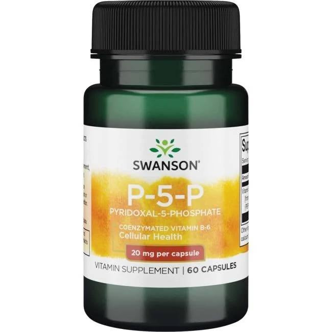 SWANSON Vitaminas B6 20 mg (60 kapsulių) maisto papildas su piridoksal-5-fosfatu, palaikantis ląstelių sveikatą ir energijos apykaitą.