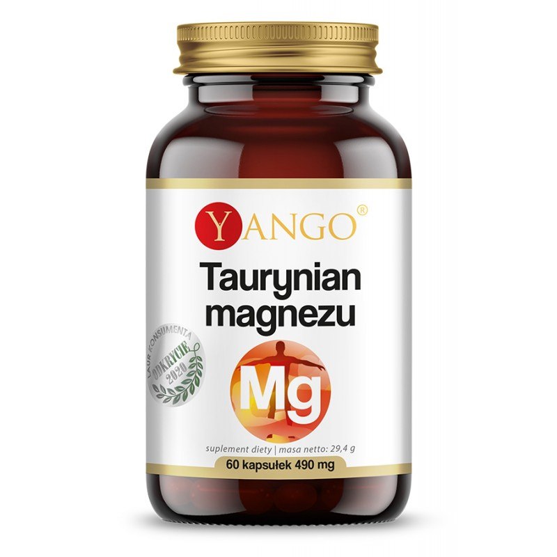YANGO Magnio tauratas (60 kapsulių) maisto papildas stikliniame buteliuke su aukso spalvos dangteliu. Sudėtyje 400 mg magnio taurato per parą.