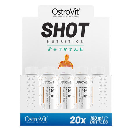 OSTROVIT Biotinas ir vitaminas A, cinkas ir vitaminas B2 apelsinų - persikų skonio maisto papildas 20 x 100 ml šūkių pakuotėje. Skirtas grožiui ir imunitetui palaikyti.