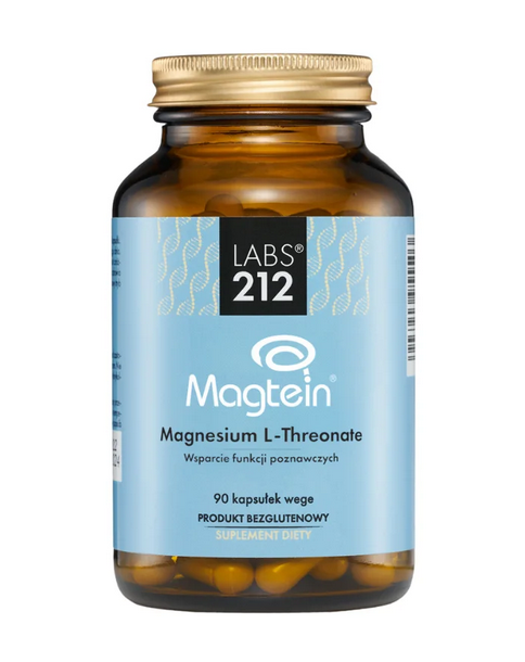 LABS212 - Magnio L-treonatas, 90 kapsulių maisto papildas su Magtein® magnio treonatu, skaidraus stiklo buteliuke su mėlyna etikete.
