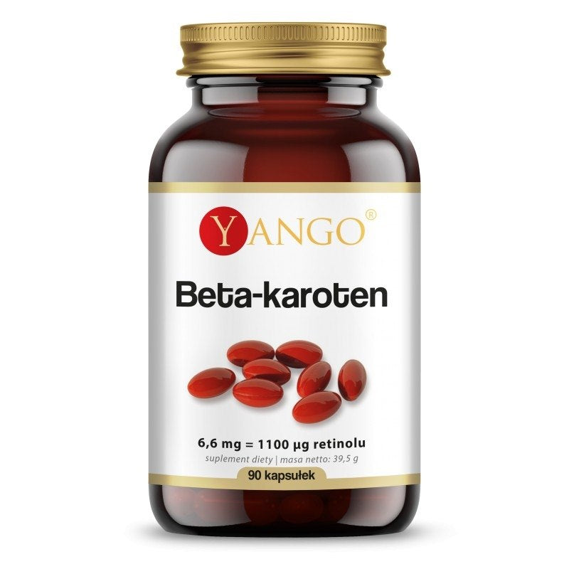 YANGO Beta karotinas (provitaminas A) 90 kapsulių maisto papildas stiklainyje su raudonomis kapsulėmis, stiprus antioksidantas imunitetui.