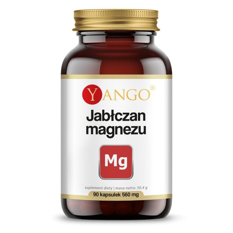 YANGO Magnio malatas (90 kapsulių) maisto papildas stikliniame buteliuke su aukso spalvos dangteliu, etiketėje nurodyta Mg koncentracija.