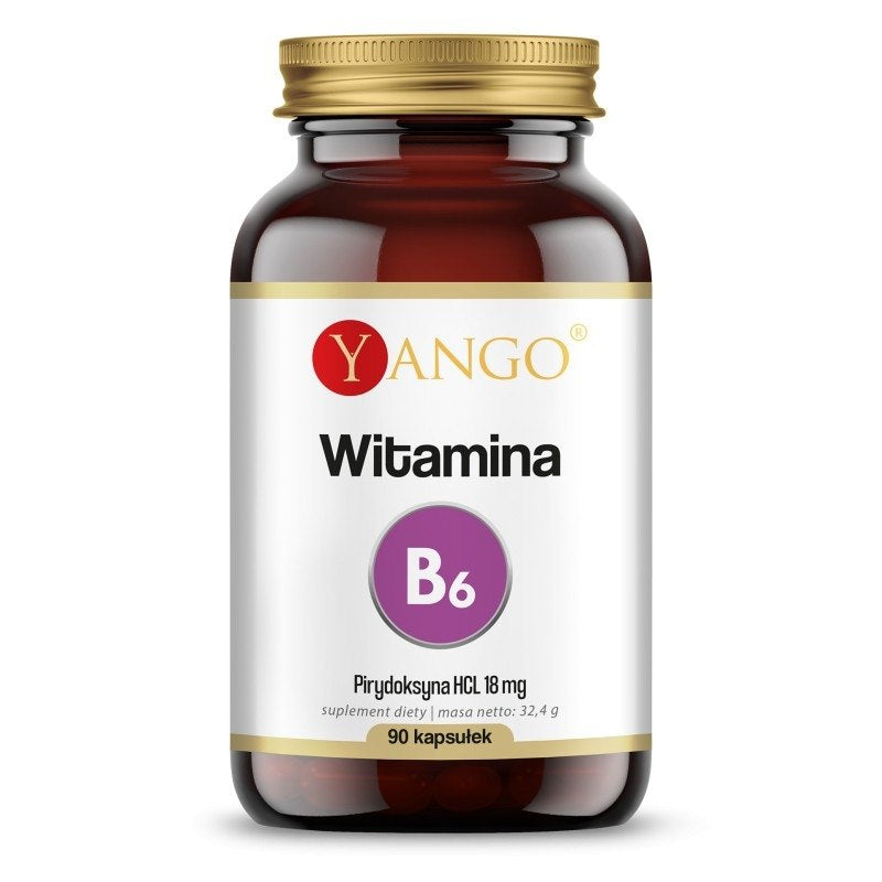 YANGO vitaminas B6 (90 kapsulių) maisto papildas stiklinėje pakuotėje su etikete, turinčia violetinį B6 logotipą. Sudėtyje yra 18 mg piridoksino HCL vienoje kapsulėje.