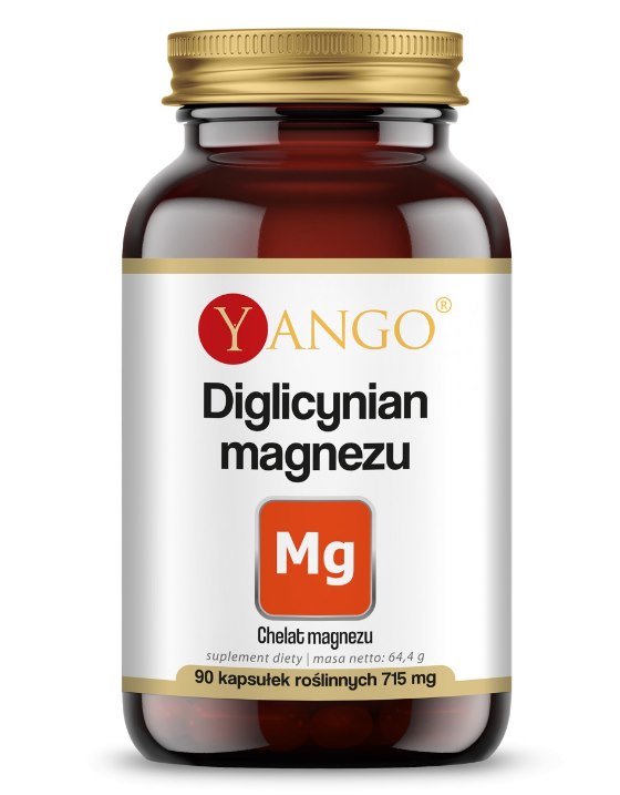 YANGO Magnio diglicinatas (90 kapsulių) maisto papildas stikliniame buteliuke su etikete, skirtas raumenų ir nervų sistemos veiklai palaikyti.