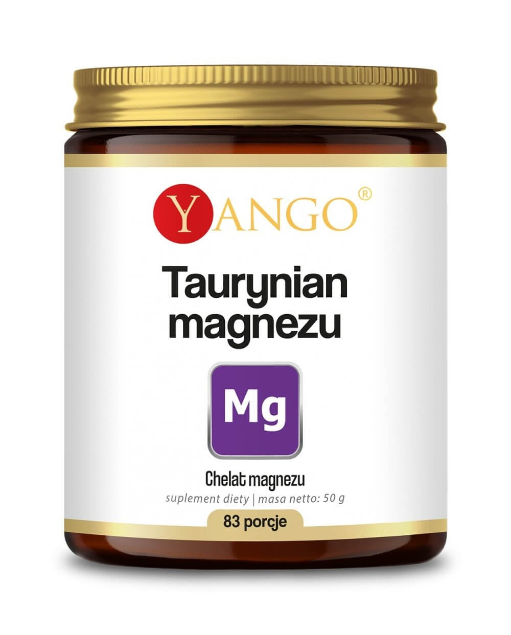 YANGO Magnio tauratas, 50g maisto papildas stikliniame inde su aukso spalvos dangteliu, skirtas magnio papildymui organizme.