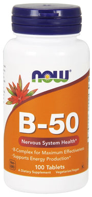 NOW Foods Vitamin B-50 maisto papildas, 100 tablečių, nervų sistemos stiprinimui