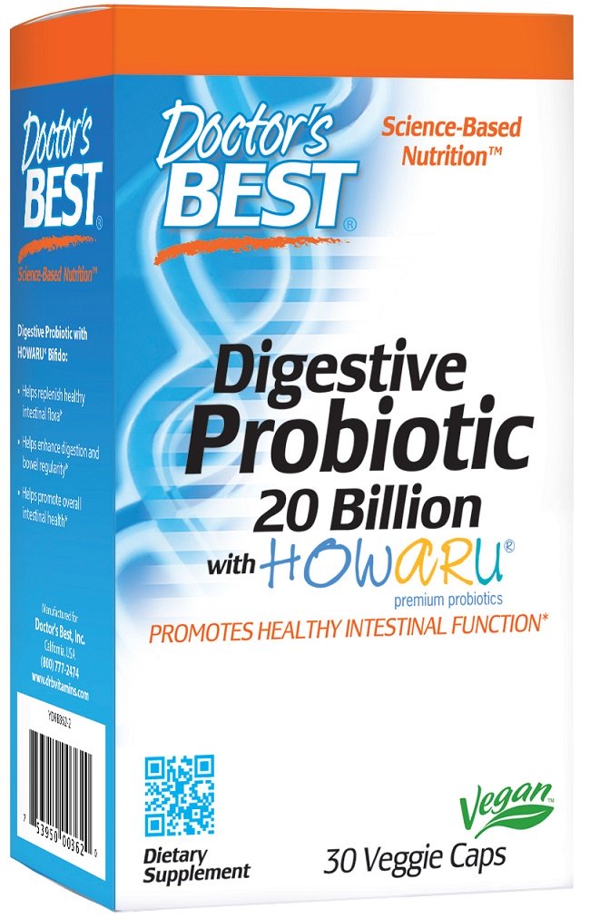 Doctor's Best Digestive Probiotic, 20 Billion CFU - 30 kapsulių, probiotikai ir prebiotikai, sveikas maistas, virškinimui