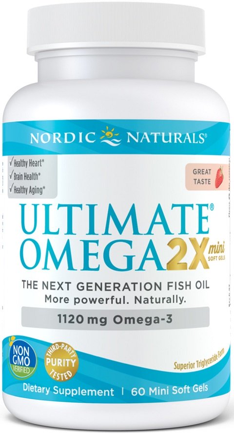 Nordic Naturals Ultimate Omega 2X mini, 1120mg braškės, maisto papildas, 60 kapsulių