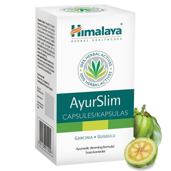 Himalaya AyurSlim kapsulių pakuotė su žaliu vaisiumi