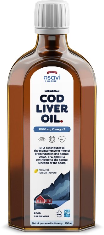 Osavi Norvegijos menkių kepenų aliejus, 1000mg Omega 3, citrinos skonis, 250 ml