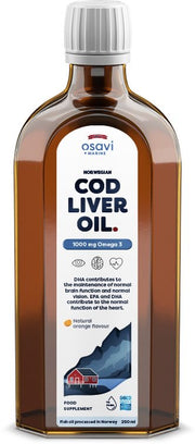 Osavi Norvegijos menkės kepenų aliejus, 1000mg Omega 3, apelsinų skonio, 250 ml