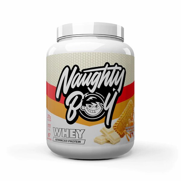 Naughty Boy Whey baltymų papildas, baltasis šokoladas karamelės sausainis
