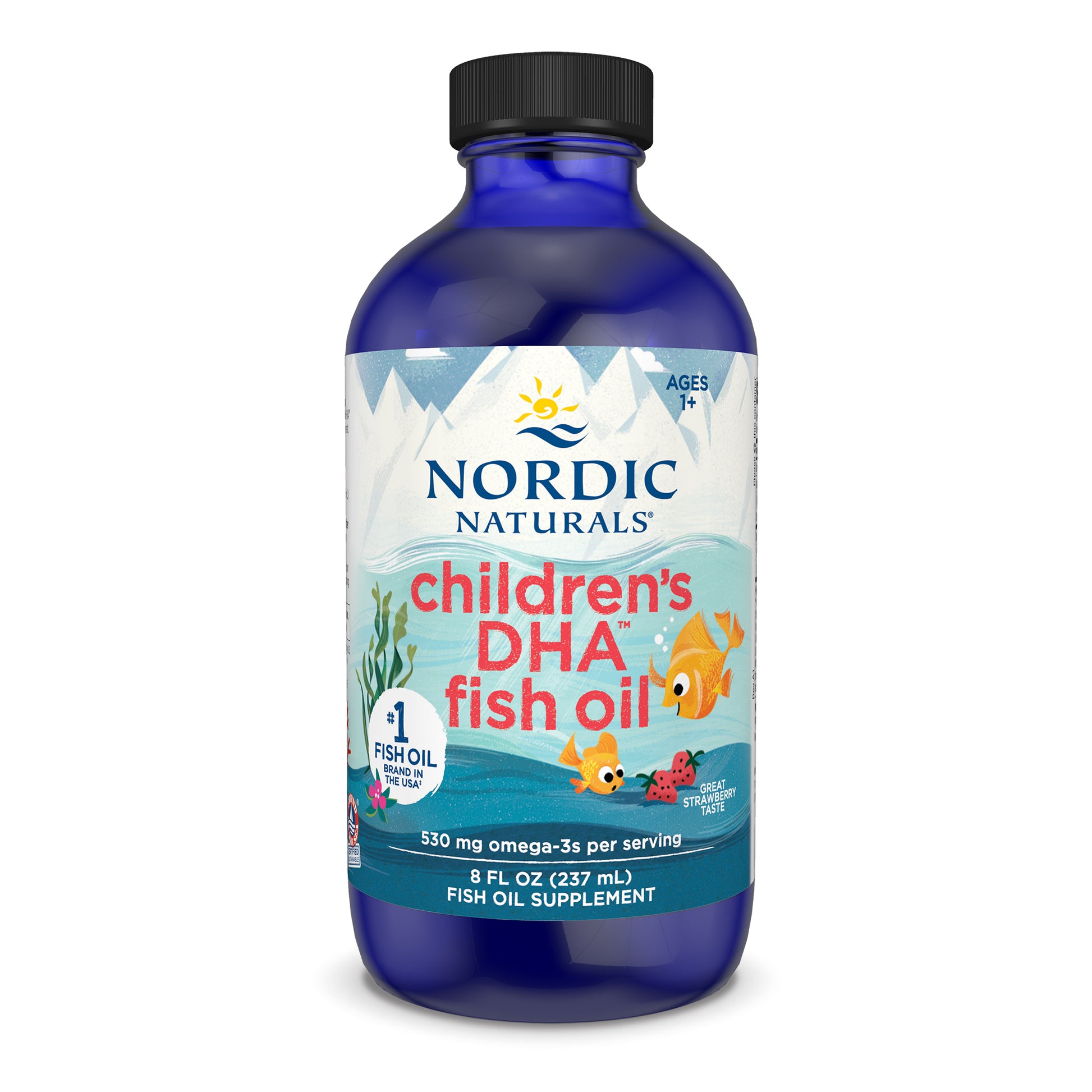 Vaikų žuvų taukų papildas, Nordic Naturals Children's DHA, 530mg Omega-3, braškių skonio, 237 ml