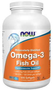 NOW Foods Omega-3 žuvų aliejus, molekuliškai distiliuotas, 500 kapsulių