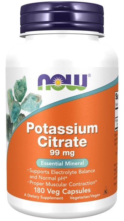 NOW Foods Potassium Citrate, 99mg - 180 kapsulių, maisto papildas, mineralas, elektrolitų balansas