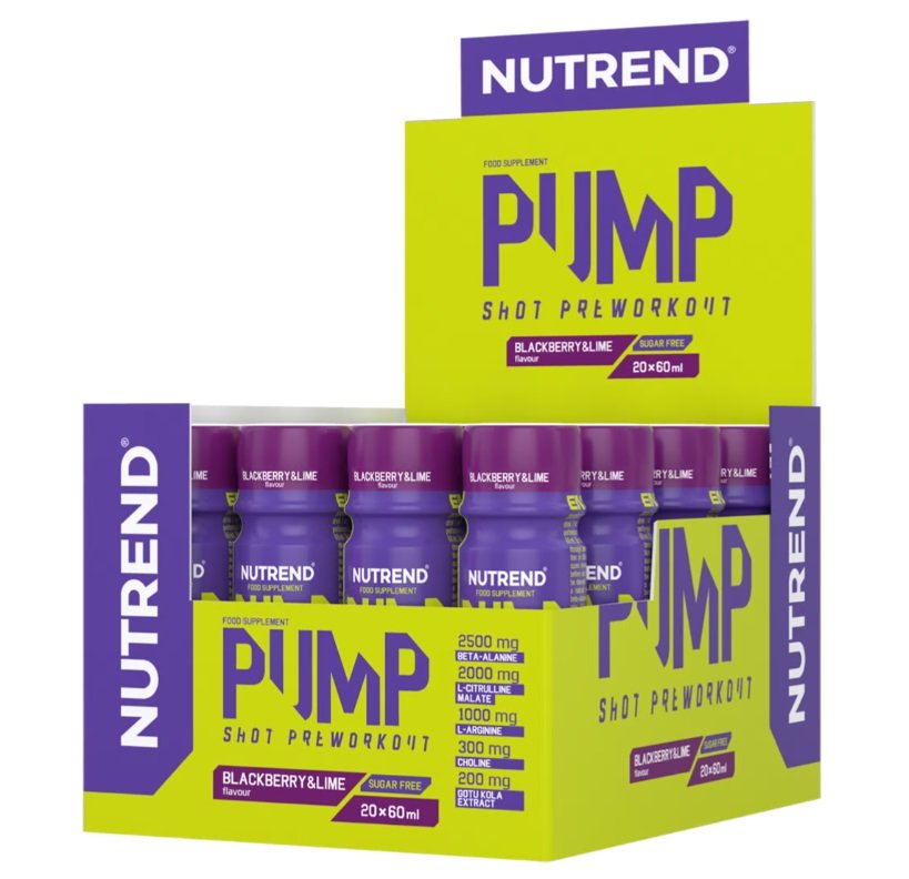 Nutrend Pump Pre-Workout Shot, Blackberry & Lime - 20 x 60 ml, sporto papildas