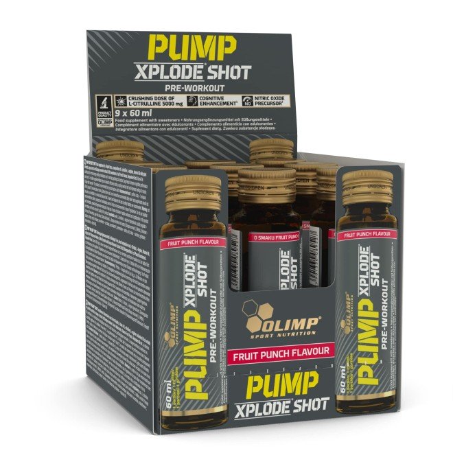 Olimp Pump Xplode Shot, vaisių skonio, 9 vnt. – sporto papildas, prieš treniruotę