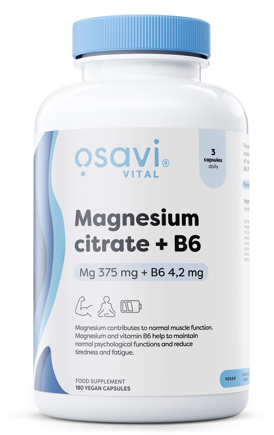 Osavi Magnesium Citrate + B6, 375mg + 4,2mg - 180 kapsulių, maisto papildas, sportui ir sveikatai