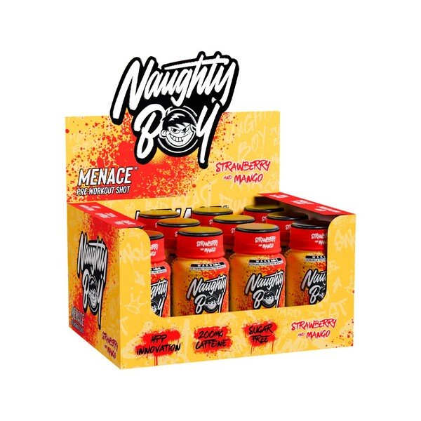Naughty Boy Menace Pre-Workout Shot, braškių ir mangų, 12 vnt. - sporto papildas