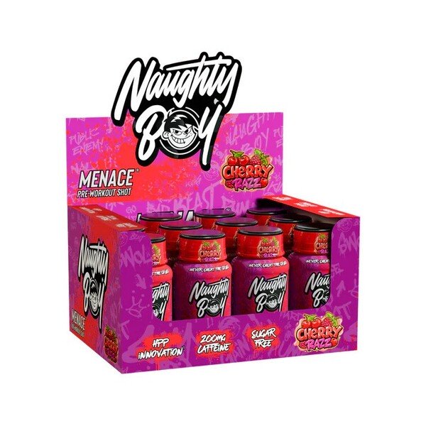 Naughty Boy Menace Pre-Workout Shot, Cherry Razz, 12 vnt., energijos papildas