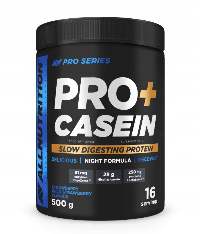Allnutrition Pro+ Casein, Braškių skonio, 500 g