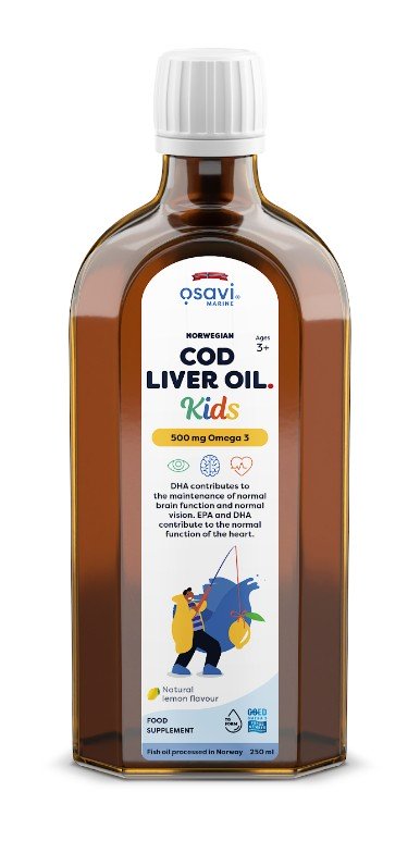 Osavi Norvegijos menkių kepenų aliejus vaikams, 500mg Omega 3, citrinos skonis, 250 ml