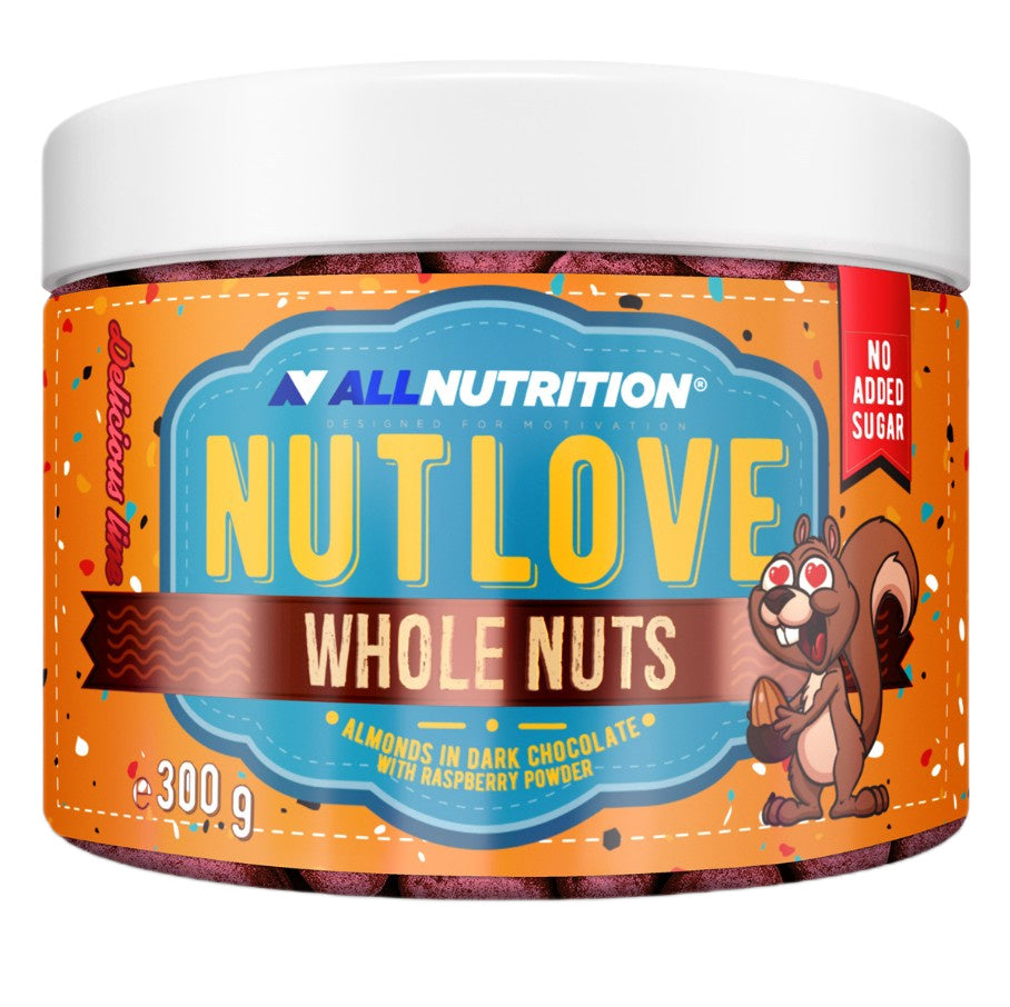 Allnutrition Nutlove riešutai su tamsia šokolade ir aviečių milteliais, 300 g