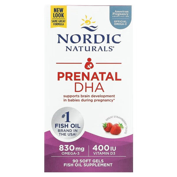 Nordic Naturals Prenatal DHA, 830mg Omega-3 + 400 IU D3 braškių skonio maisto papildas