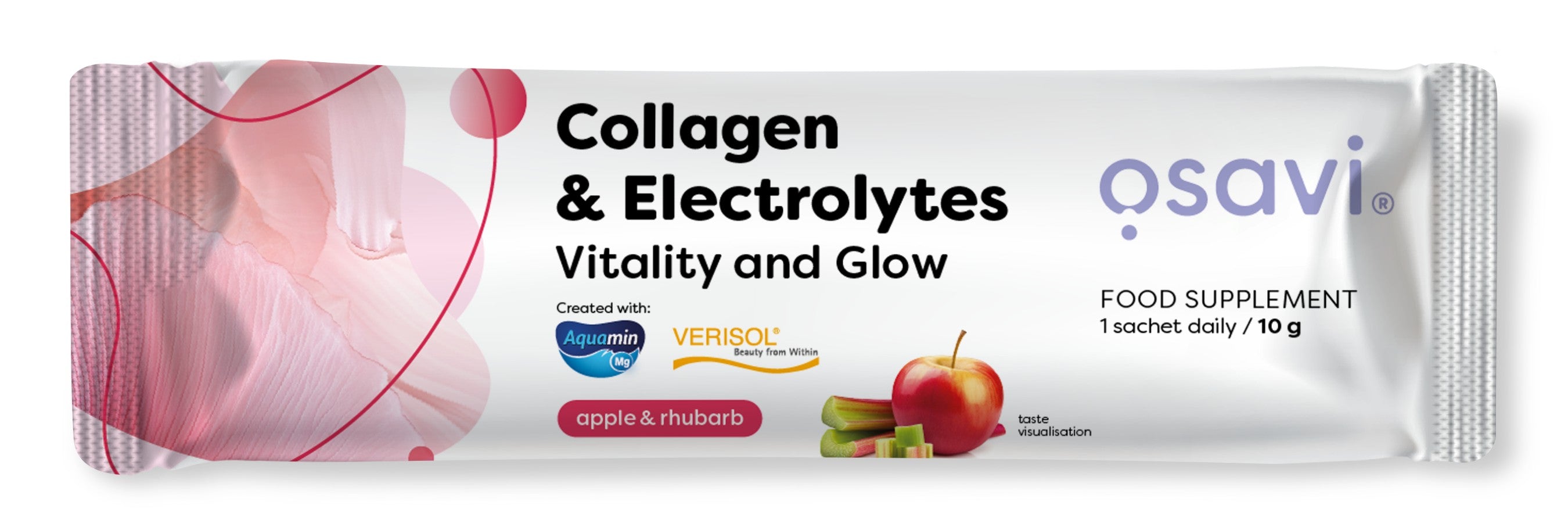 Maisto papildo Osavi Collagen Electrolytes Vitality and Glow, obuolių ir rabarbarų skonio, 10 g