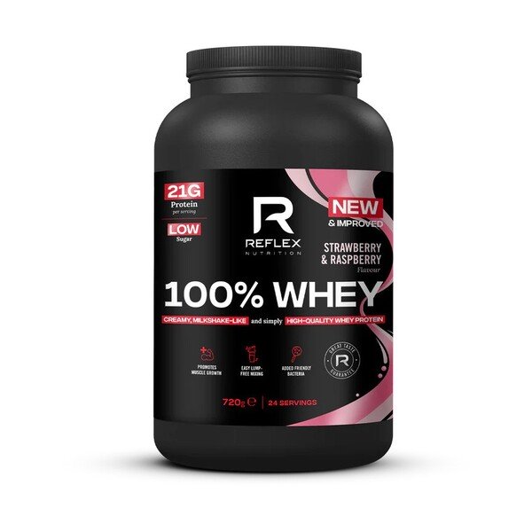 Reflex Nutrition 100% Whey, braškių ir aviečių, baltymų papildas