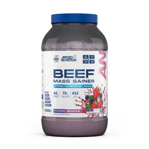 Applied Nutrition Beef Mass Gainer, šaldytos uogos, maisto papildas, sporto papildas