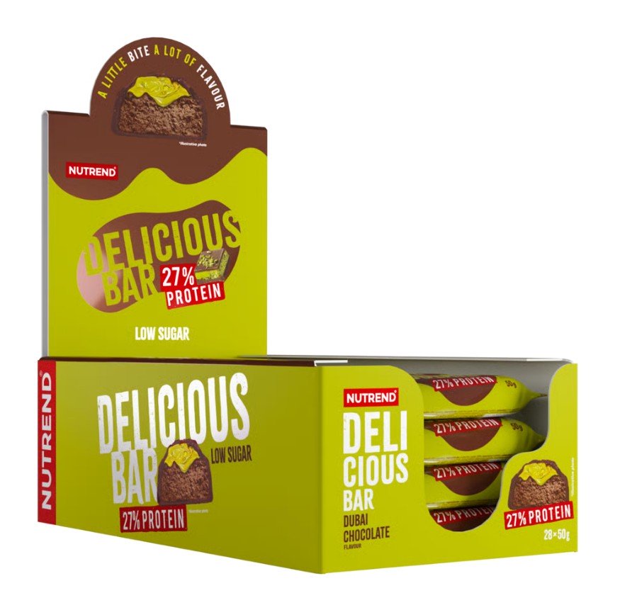 Nutrend Delikatesinis baltyminis batonėlis, Dubai šokoladas, 28 vnt., sveikas maistas