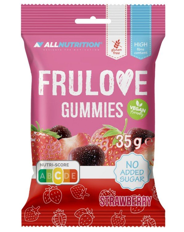 Allnutrition Frulove Gummies braškių skonio, 35 g, sveiki užkandžiai