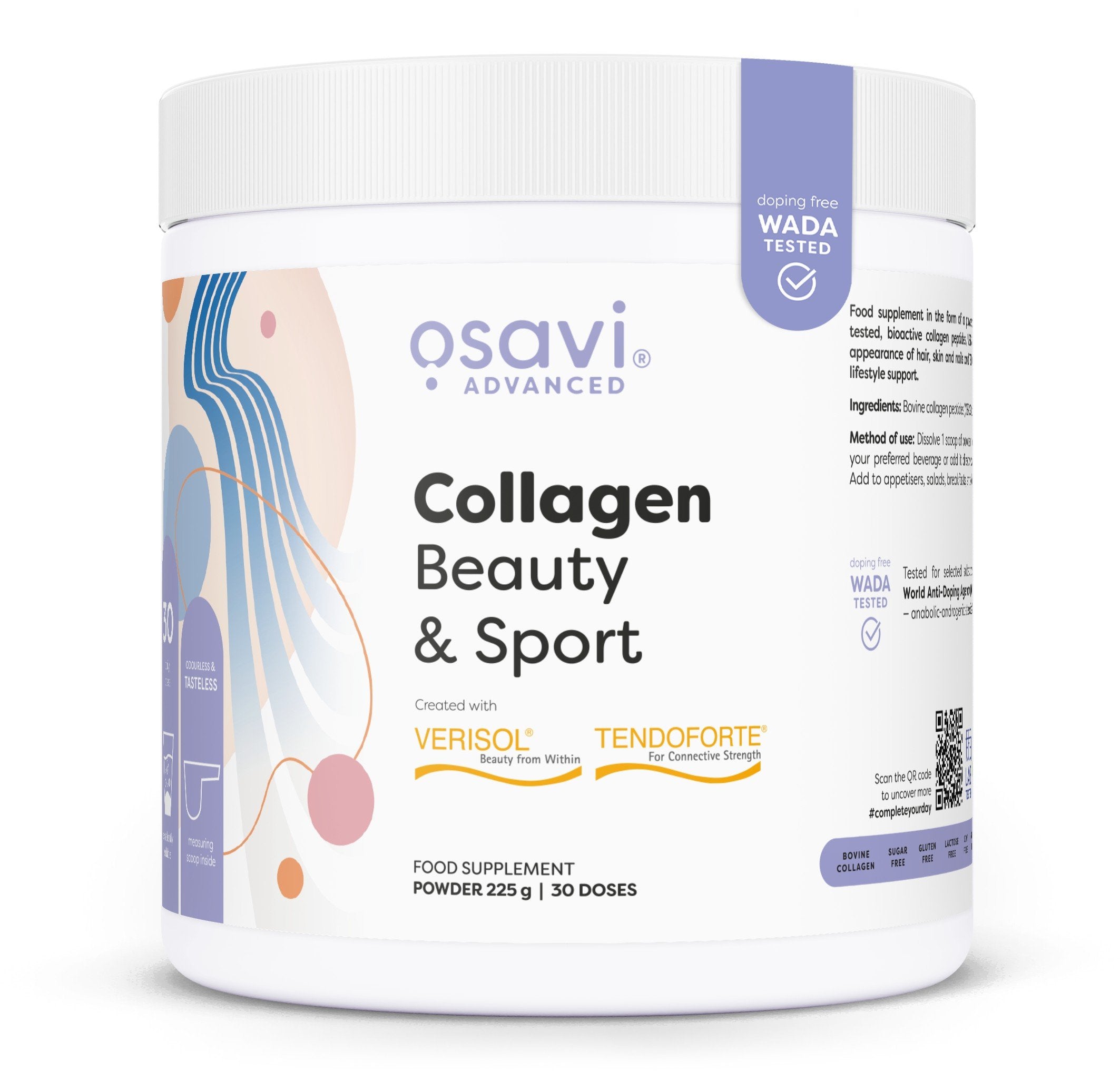 Osavi Collagen Beauty & Sport - 225 g maisto papildas, kolageno milteliai, odos, plaukų ir nagų grožiui