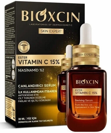 Bioxcin Skin Expert Ester Vitamin C 15% + Niacinamide 2% – skaistinamasis veido serumas su vitaminu C ir niacinamidu, 30 ml